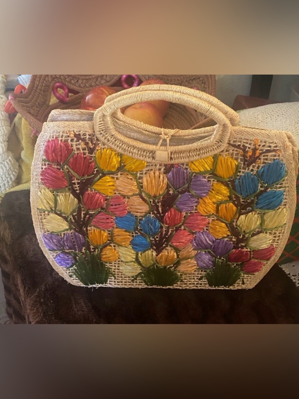 Vintage 1960’s- Floral painted- Raffia  Woven Tote Bag